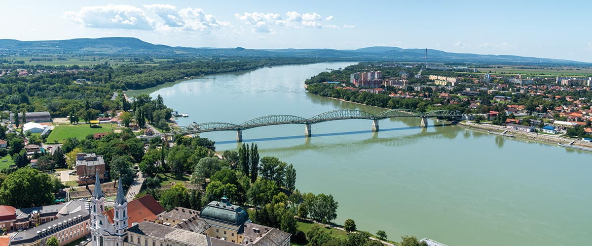 An aerial view over Esztergom, Hungary